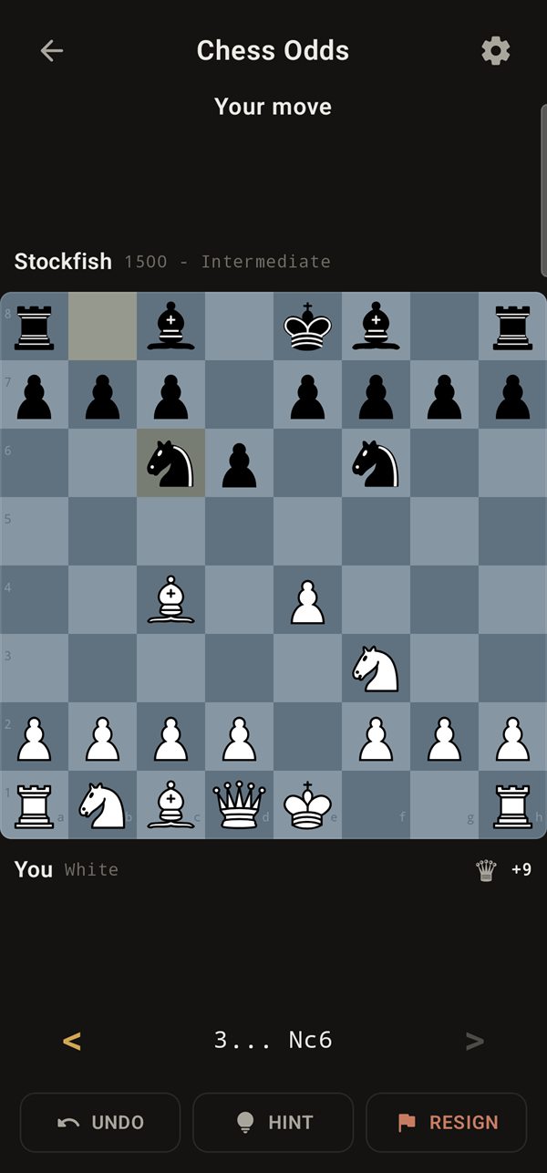 A Chess Odds game against Stockfish at 1500, where the bot is playing without its queen